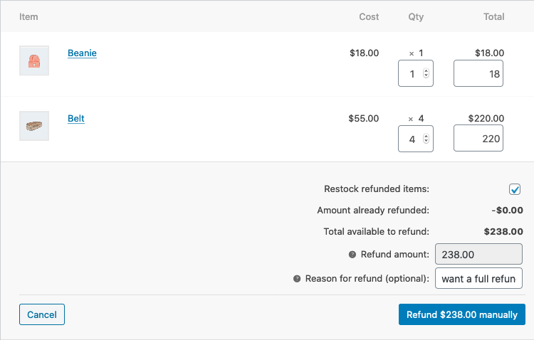 Manage refunds manually in woocommerce