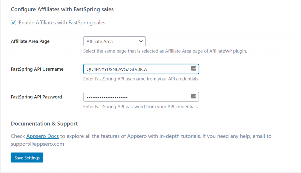API and password FastSpring Affiliate