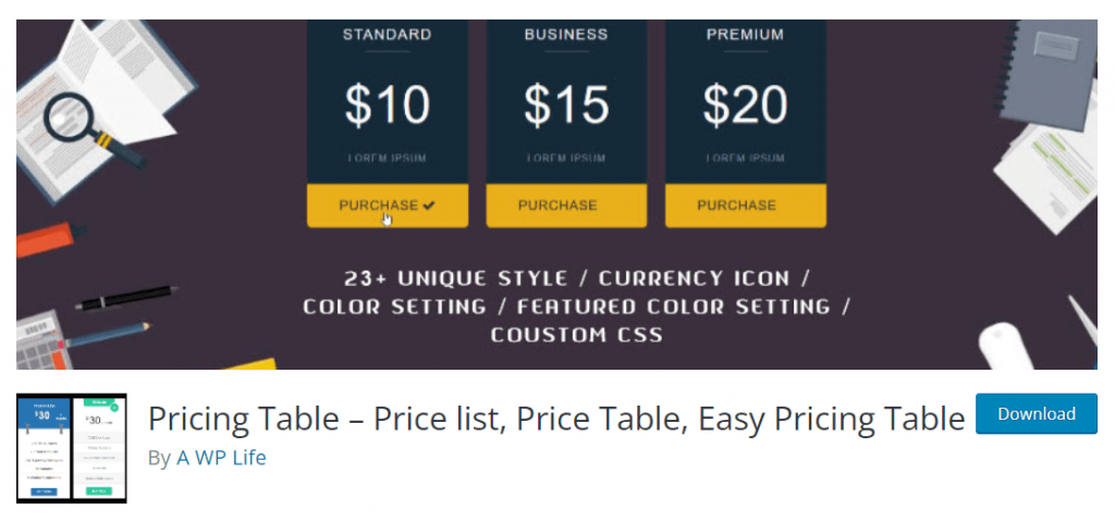 Pricing table