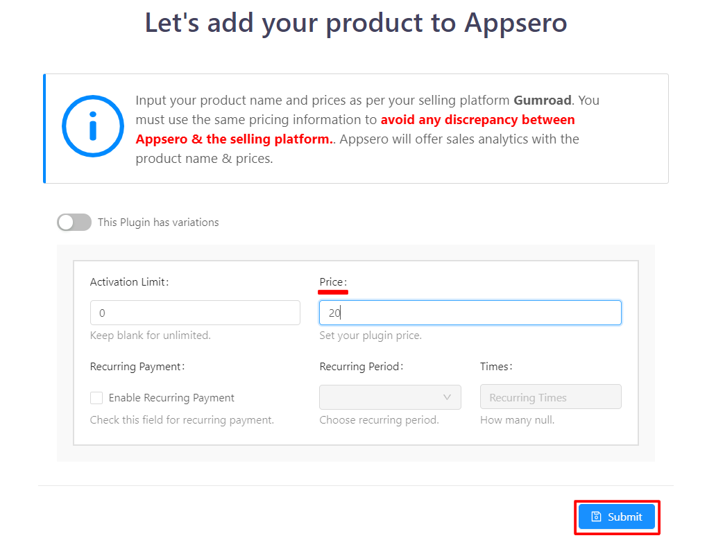 set price in Appsero