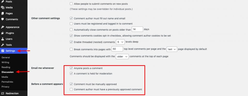 Enable comment moderation to stop WordPress spam comments 