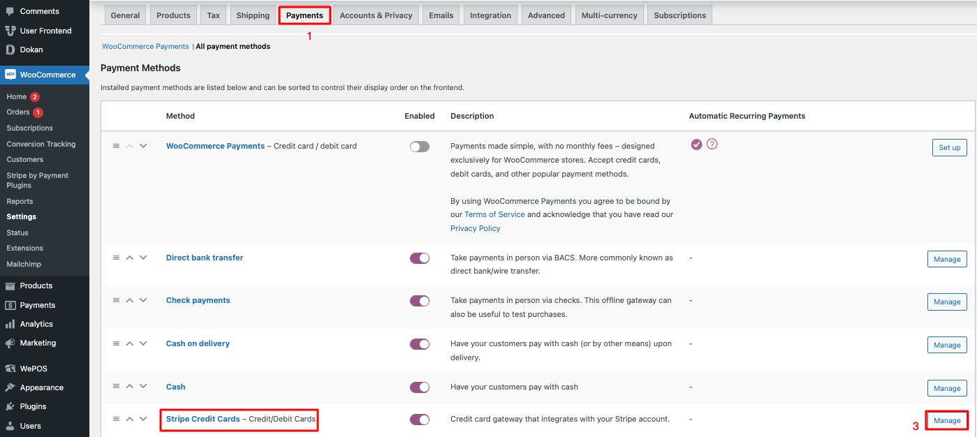 Stripe credit card settings