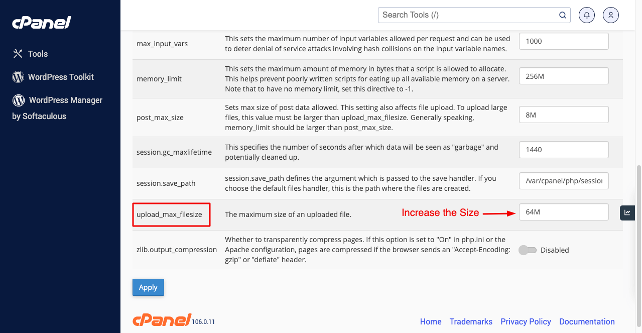 Upload Maximum File Size from cPanel