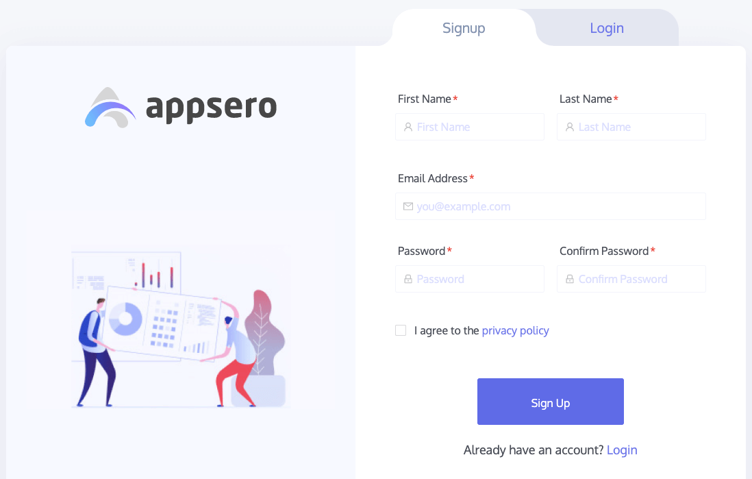 Sign-up page for Appsero