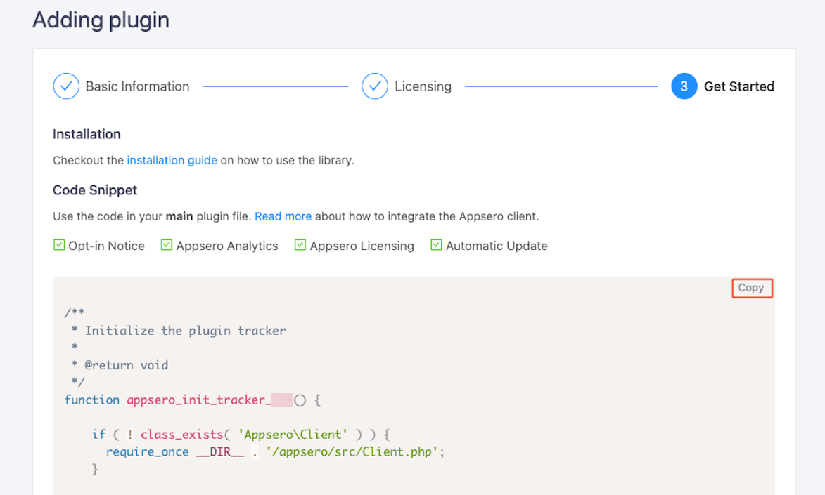 Copy the customized code snippet