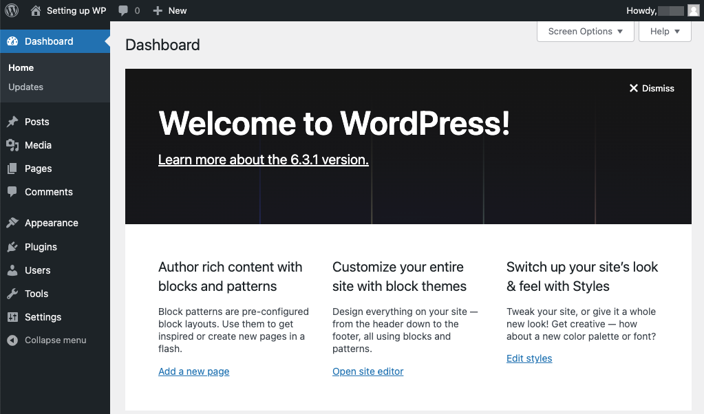 Admin panel of WordPress website