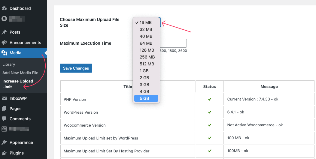 Configure the plugin to increase max file size