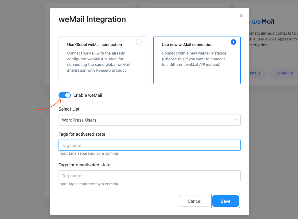enable wemail new connection 