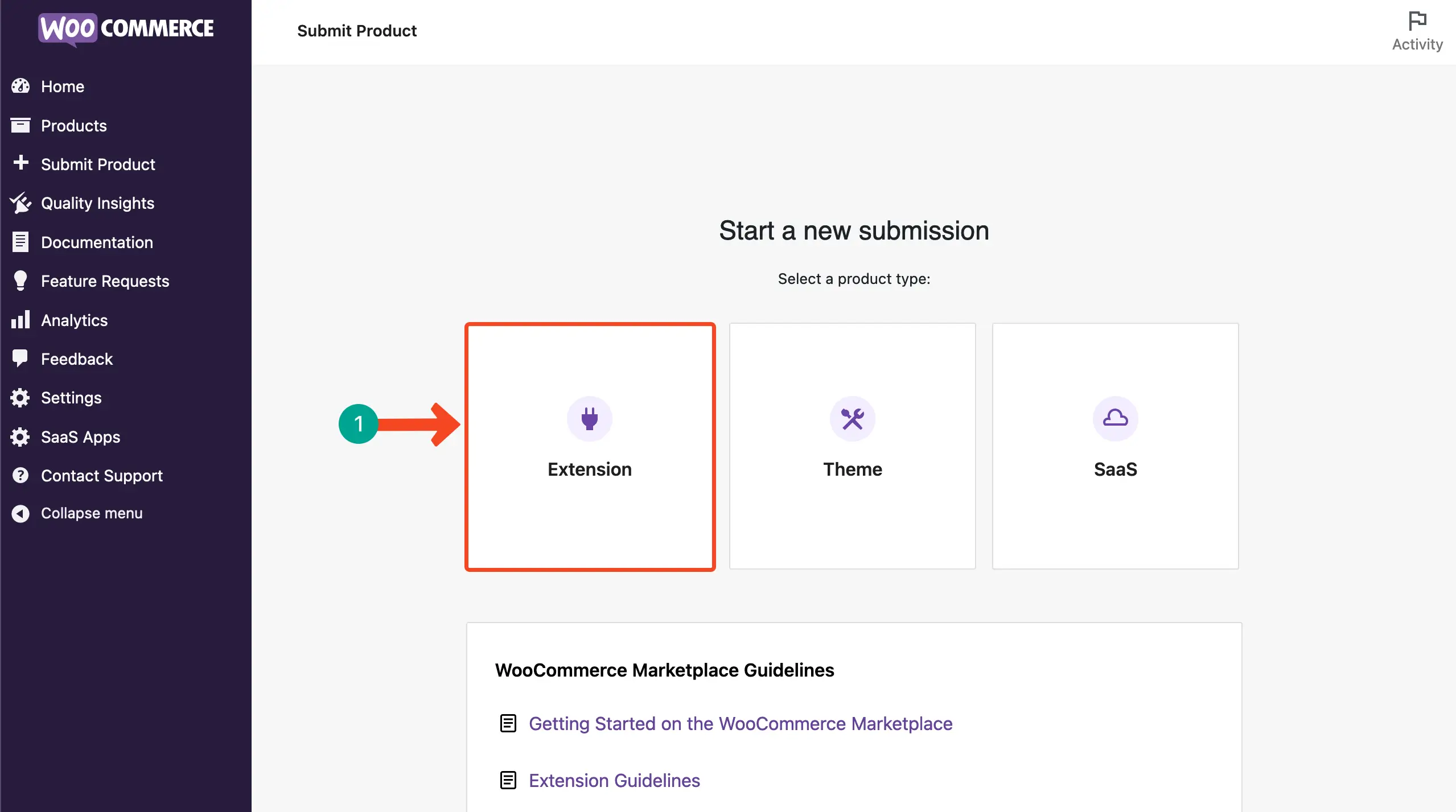 Start a new submission in the WooCommerce Marketplace