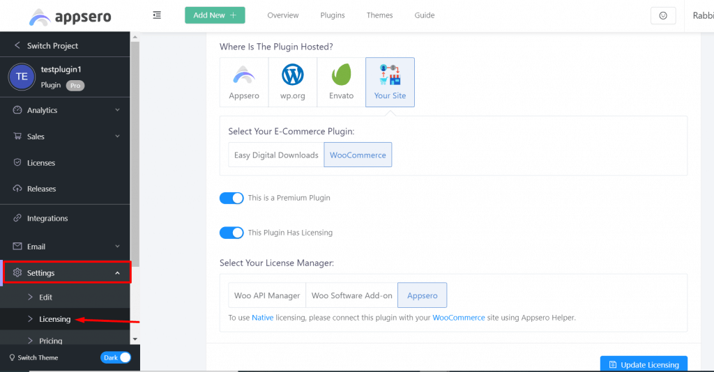 Appsero licensing settings